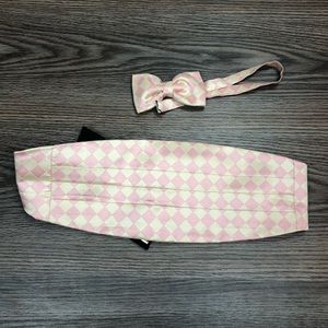 Pink & Cream Check Formal Tuxedo Set | Cummerbund & Bow Tie